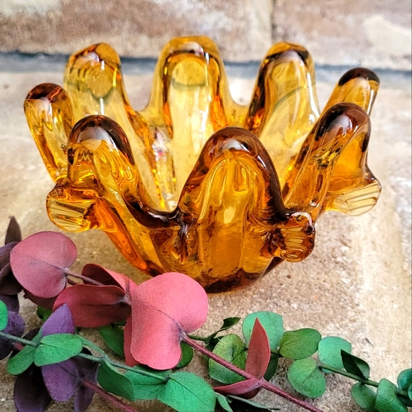 Murano Other - Vintage Amber Murano Art Glass Candle Holder With Ruffled Edges